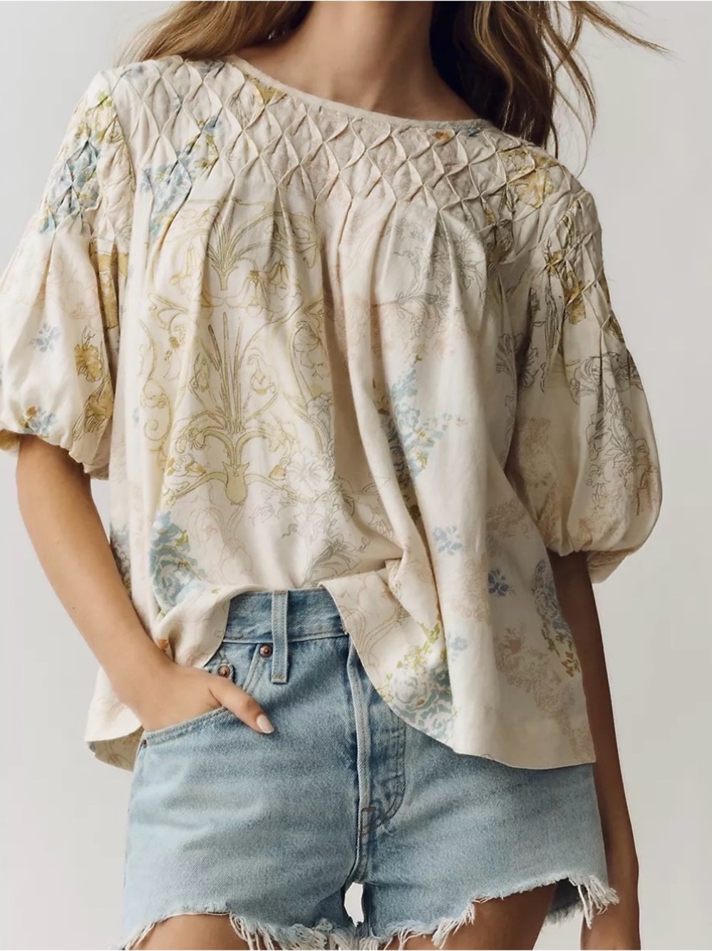 By Anthropologie Liza Linen Blend Smocked Top | Size XXS (Oversized)